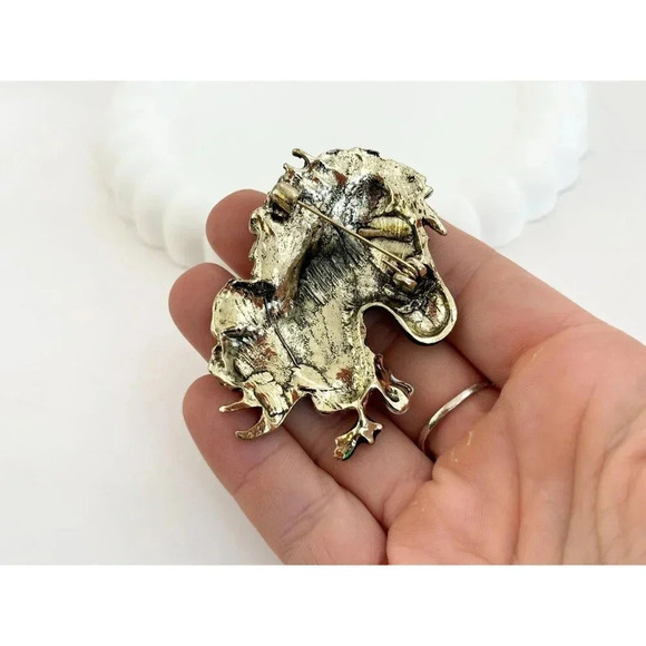 Mint Black Enamel Gold Toned Rhinestone Floral Vintage Horse Vintage Brooch - Picture 6 of 10